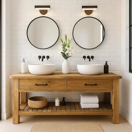 Handcrafted Double Solid Wood Bathroom Vanity with Drawers and Slatted Shelf for Modern Homes Lynnsnail