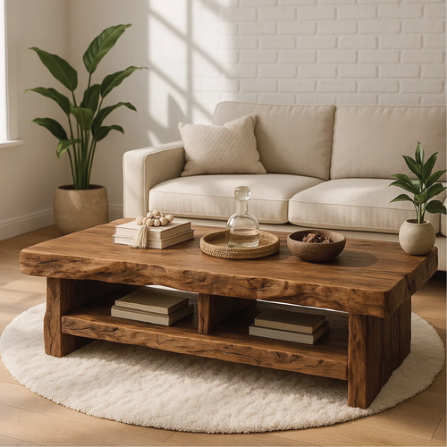 Handcrafted Solid Wood Coffee Table with Live Edge Design and Double Shelf for Storage Lynnsnail