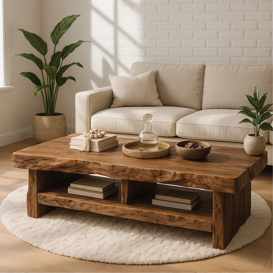 Handcrafted Solid Wood Coffee Table with Live Edge Design and Double Shelf for Storage Lynnsnail