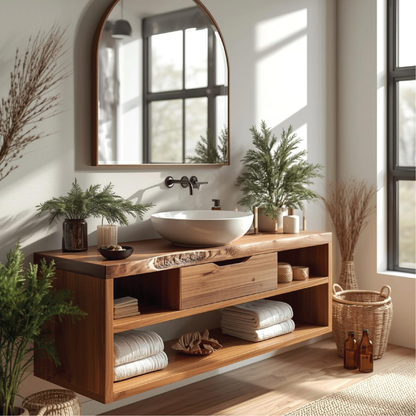 Handcrafted Solid Wood Floating Bathroom Vanity with Open Shelf Storage and Natural Live Edge Lynnsnail