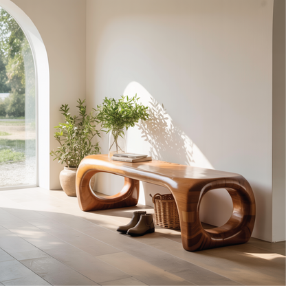 Handcrafted Solid Wood Entryway Bench with Modern Sculpted Organic Frame and Polished Finish Lynnsnail