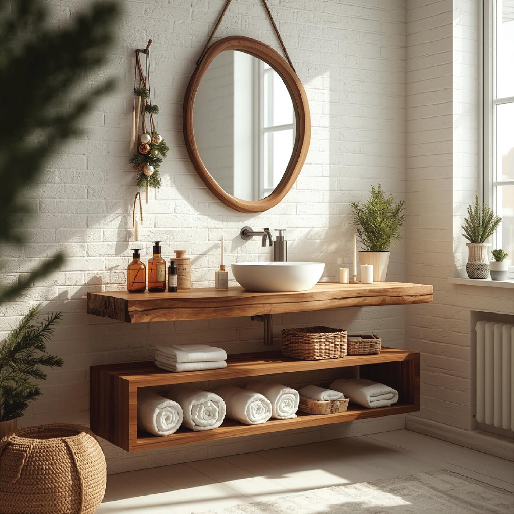 Handcrafted Solid Wood Floating Bathroom Vanity with Live Edge Countertop and Open Storage Shelf Lynnsnail