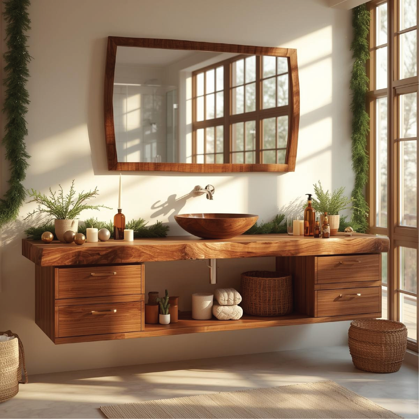 Handcrafted Solid Wood Floating Bathroom Vanity with Drawers and Natural Live Edge Countertop Lynnsnail