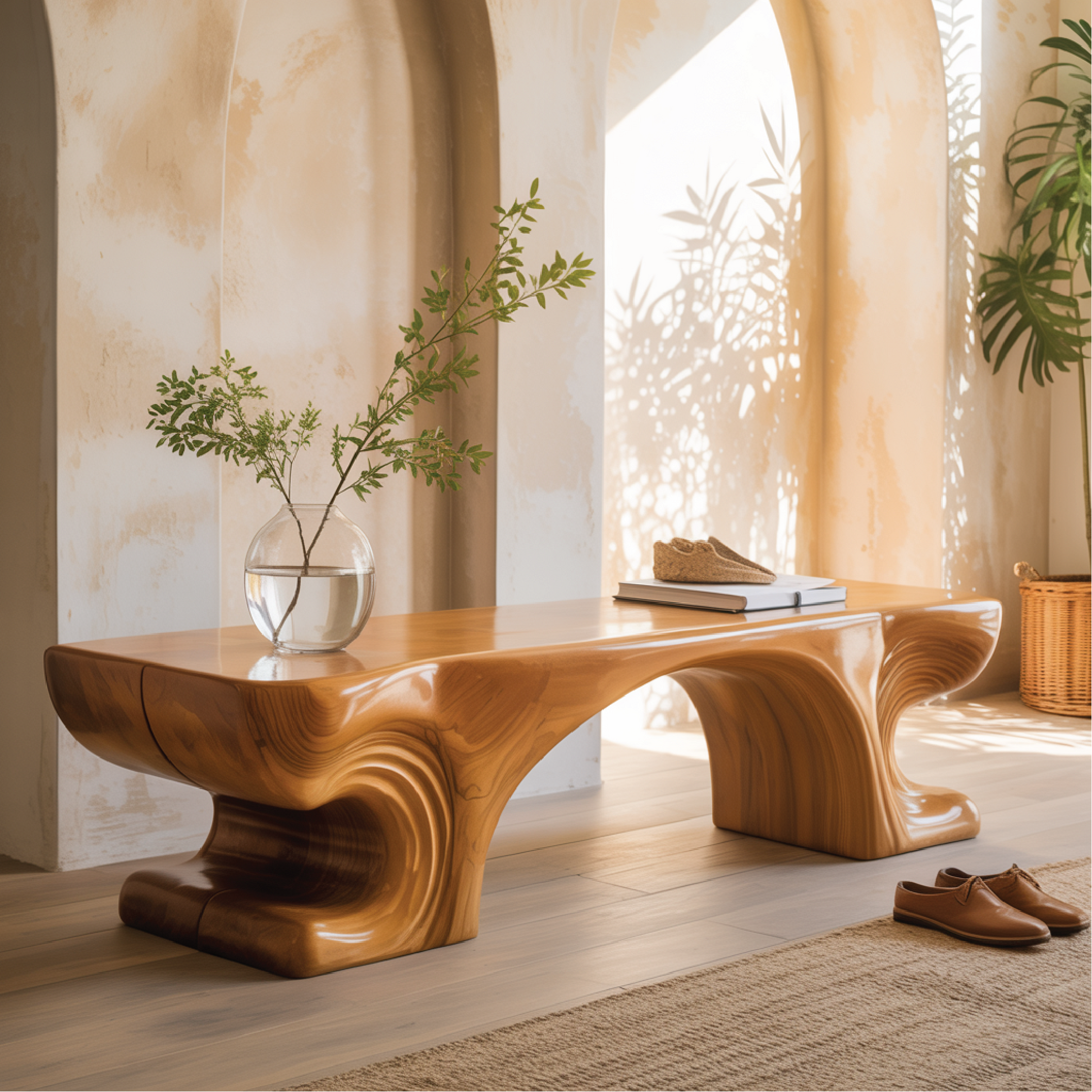 Handcrafted Solid Wood Entryway Bench with Sculpted Organic Base and Smooth Modern Finish Lynnsnail
