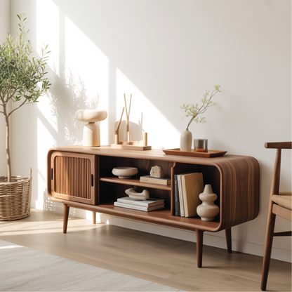 Solid Wood Console Table with Sliding Door – Handcrafted Mid-Century Storage & Display Shelf Lynnsnail