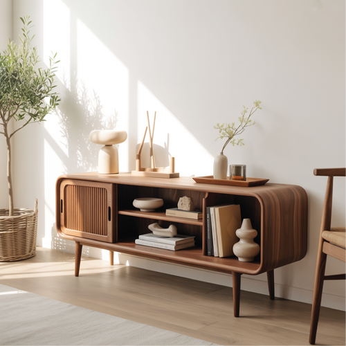 Solid Wood Console Table with Sliding Door – Handcrafted Mid-Century Storage & Display Shelf Lynnsnail