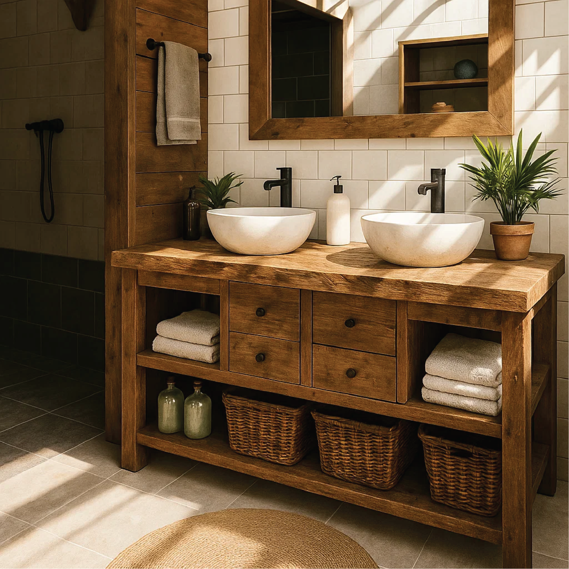 Rustic Double Sink Solid Wood Bathroom Vanity with Drawers and Open Storage Handmade Design Lynnsnail