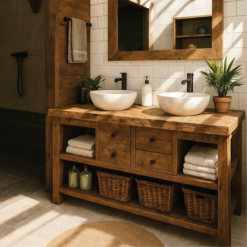 Rustic Double Sink Solid Wood Bathroom Vanity with Drawers and Open Storage Handmade Design Lynnsnail