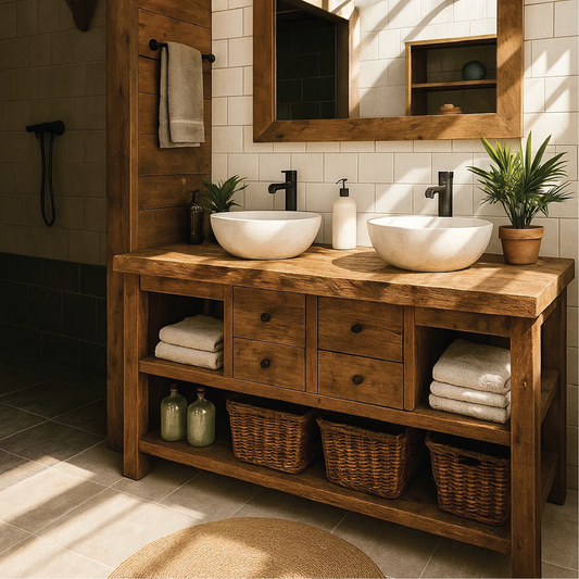 Rustic Double Sink Solid Wood Bathroom Vanity with Drawers and Open Storage Handmade Design Lynnsnail