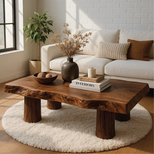 Handcrafted Solid Wood Coffee Table with Organic Live Edge and Cylindrical Leg Design Lynnsnail