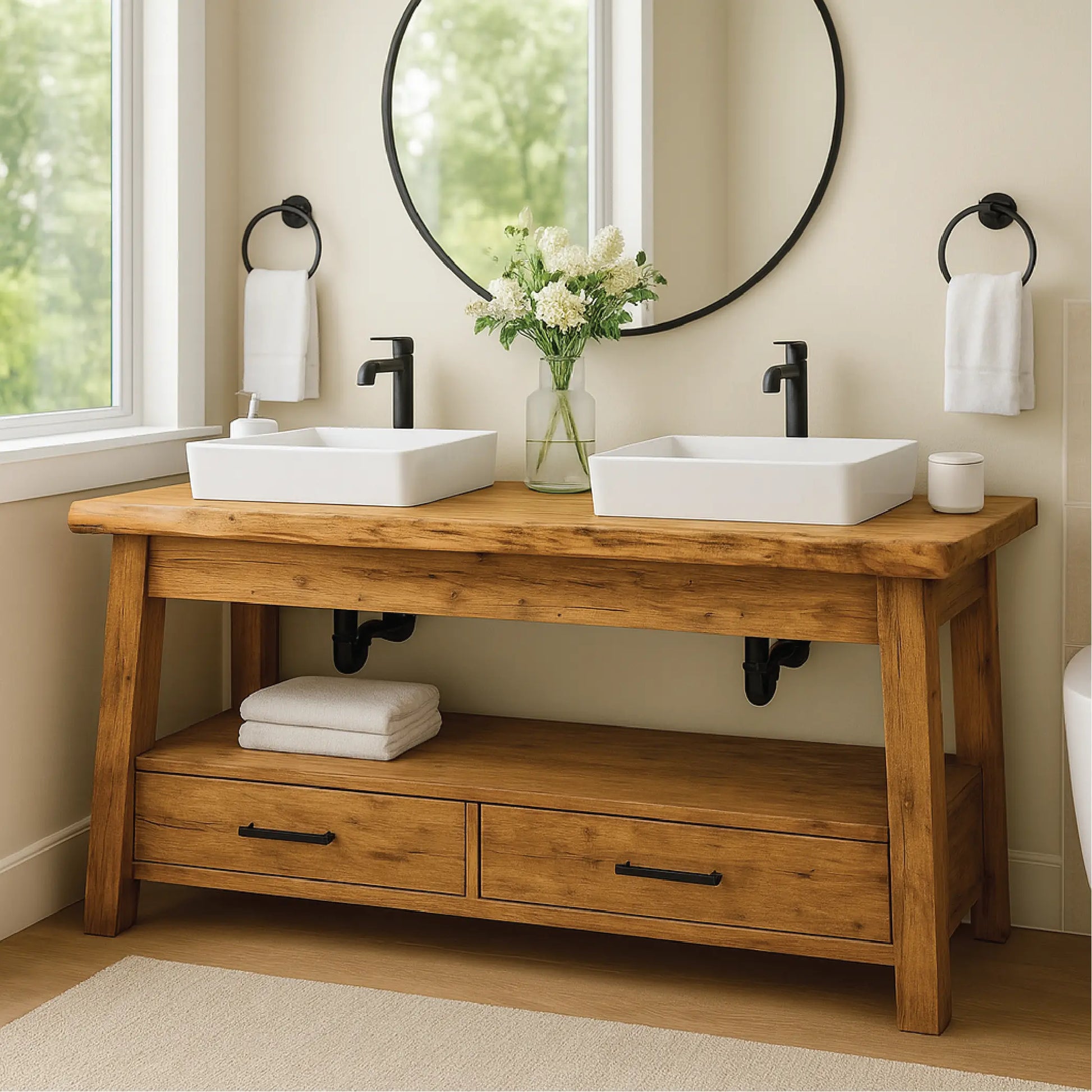 Handcrafted Double Solid Wood Bathroom Vanity with Drawers and Natural Finish for Modern Spaces Lynnsnail