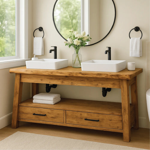Handcrafted Double Solid Wood Bathroom Vanity with Drawers and Natural Finish for Modern Spaces Lynnsnail