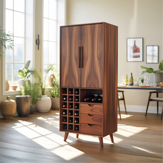 Handcrafted Solid Wood Dining Cabinet with Wine Storage Grid, Drawers and Tall Double Doors Lynnsnail