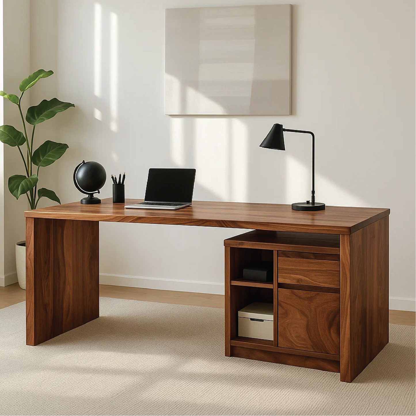 Handcrafted Solid Wood Work Desk – Modern Minimalist Office Table with Storage Shelves & Drawer Lynnsnail