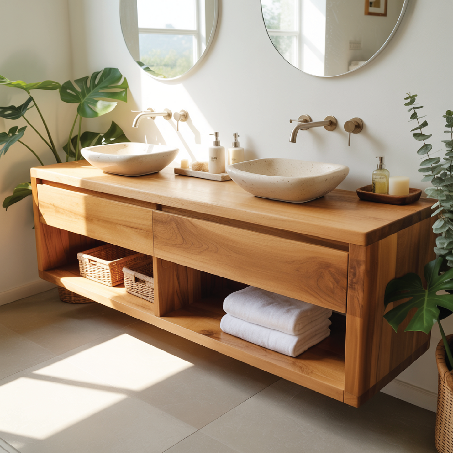Floating solid wood vanity with double sinks – handcrafted bathroom furniture for modern homes Lynnsnail
