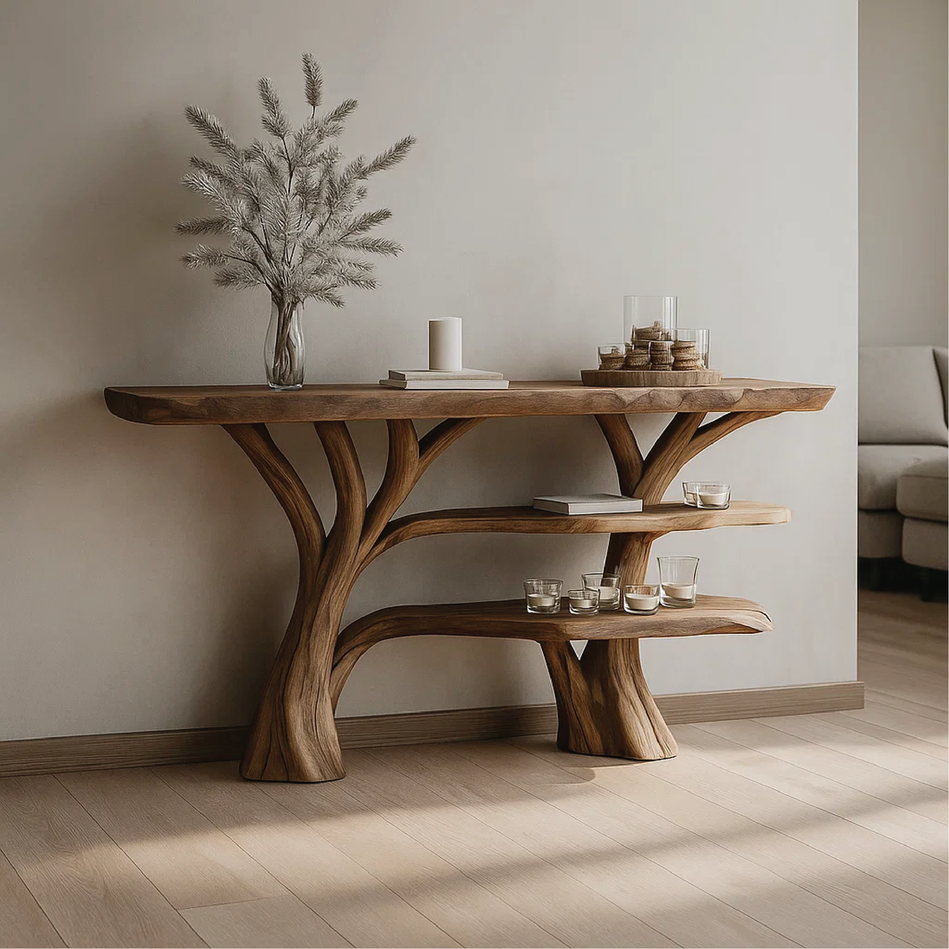 Handcrafted Solid Wood Tree Console Table with Multi-Tier Organic Design for Modern Interiors Lynnsnail
