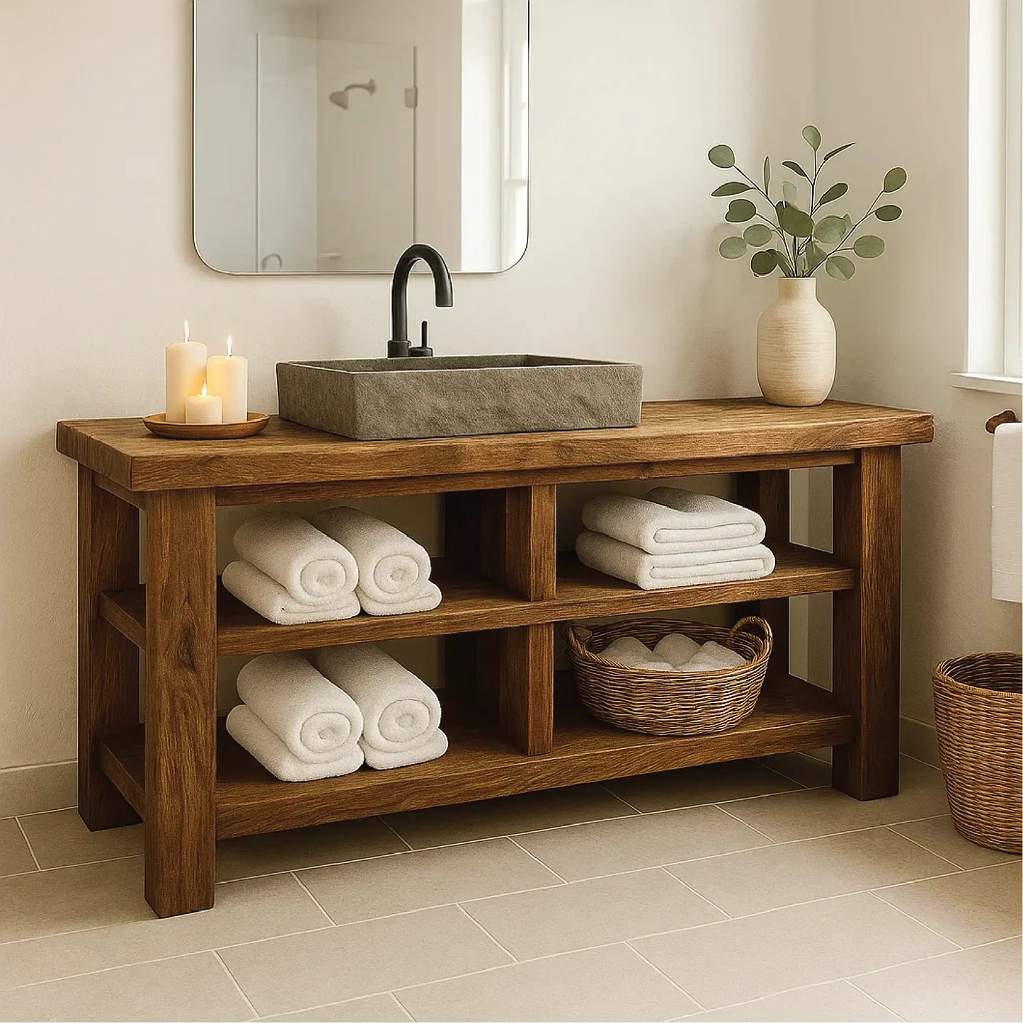Handcrafted Solid Wood Bathroom Vanity with Open Shelving for Natural and Minimalist Interiors Lynnsnail