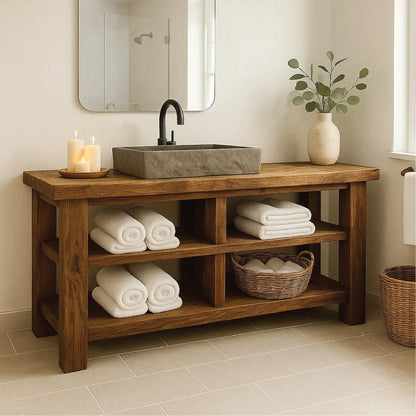 Handcrafted Solid Wood Bathroom Vanity with Open Shelving for Natural and Minimalist Interiors Lynnsnail