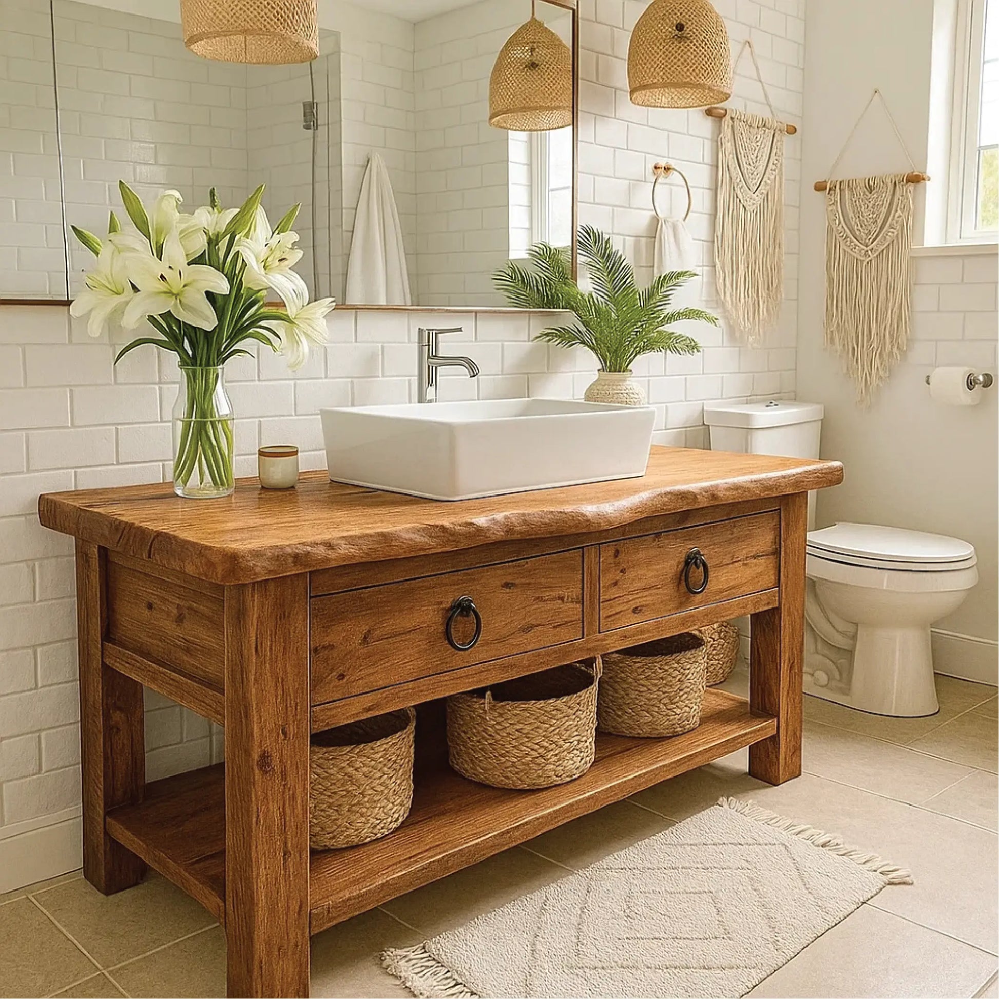 Handcrafted Solid Wood Bathroom Vanity with Drawers and Open Shelf in Natural Rustic Finish Lynnsnail