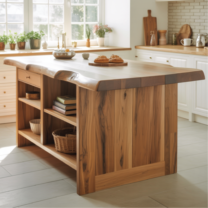 Handcrafted Solid Wood Kitchen Island with Live-Edge Top and Open Storage Shelves Lynnsnail
