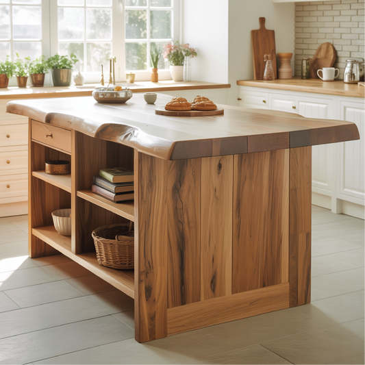 Handcrafted Solid Wood Kitchen Island with Live-Edge Top and Open Storage Shelves Lynnsnail