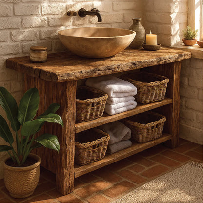 Rustic Handcrafted Solid Wood Bathroom Vanity with Open Shelves and Natural Live Edge Design Lynnsnail