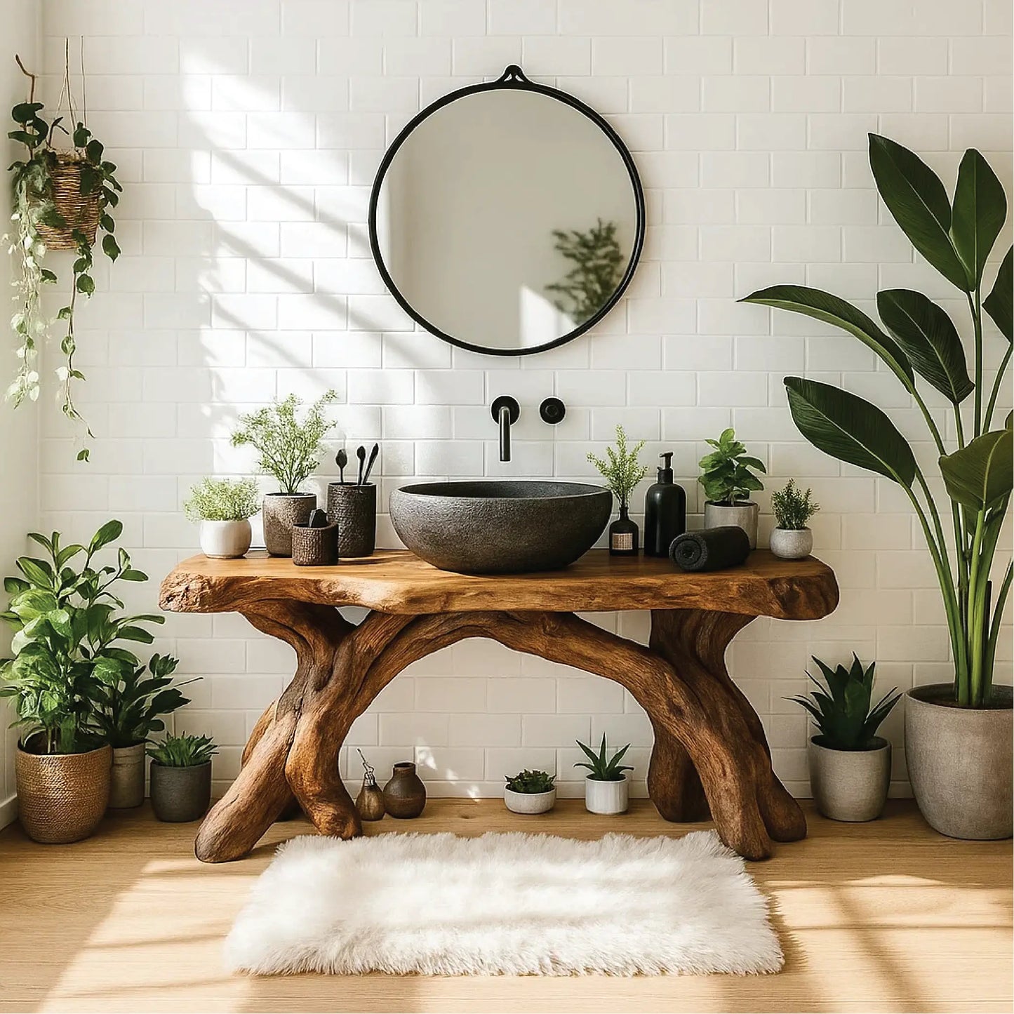 Handcrafted Solid Wood Bathroom Vanity with Organic Root Base and Natural Rustic Design Lynnsnail