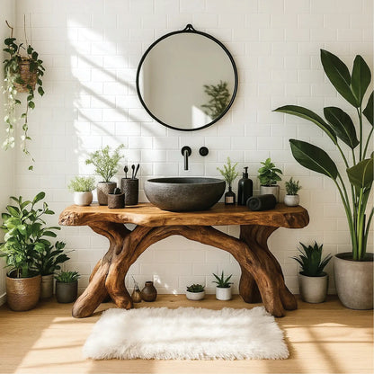 Handcrafted Solid Wood Bathroom Vanity with Organic Root Base and Natural Rustic Design Lynnsnail
