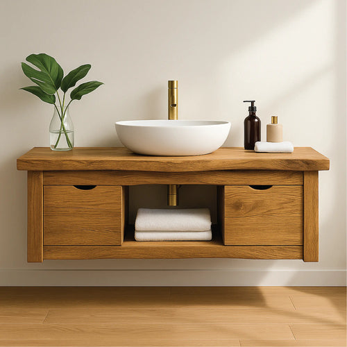 Handcrafted Solid Wood Floating Vanity with Minimalist Design and Dual Drawer Bathroom Storage Lynnsnail