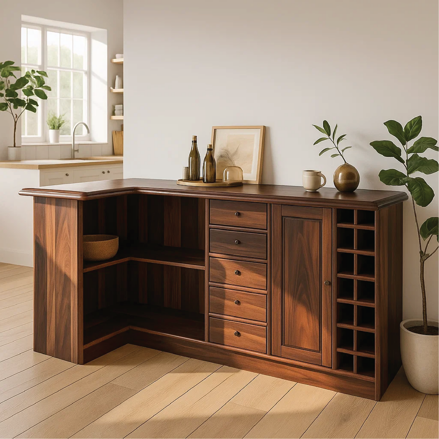 Solid Wood Wine Storage Cabinet with Shelves and Drawers – Premium Corner Bar Furniture Lynnsnail