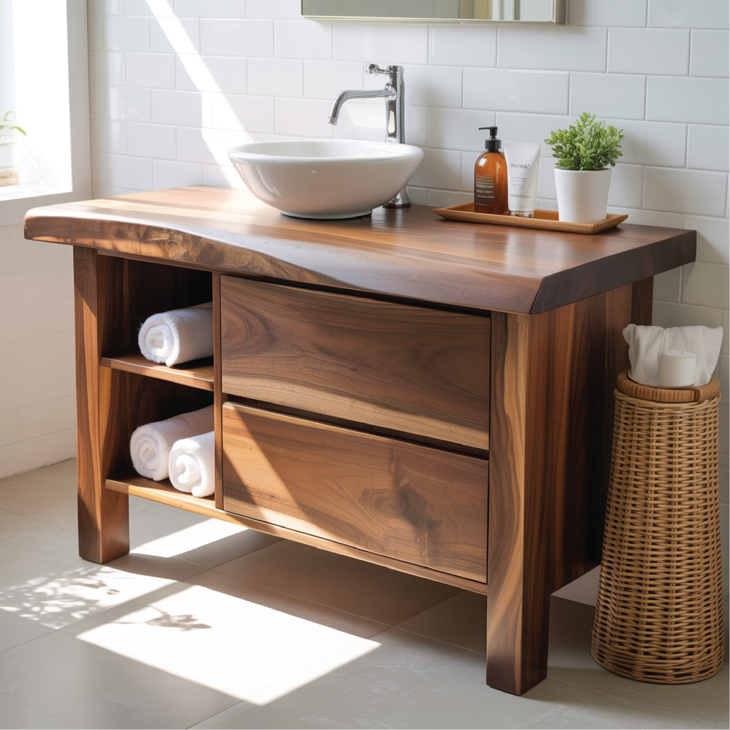 Handcrafted Solid Wood Bathroom Vanity with Live-Edge Countertop and Modern Open Shelf Storage Lynnsnail