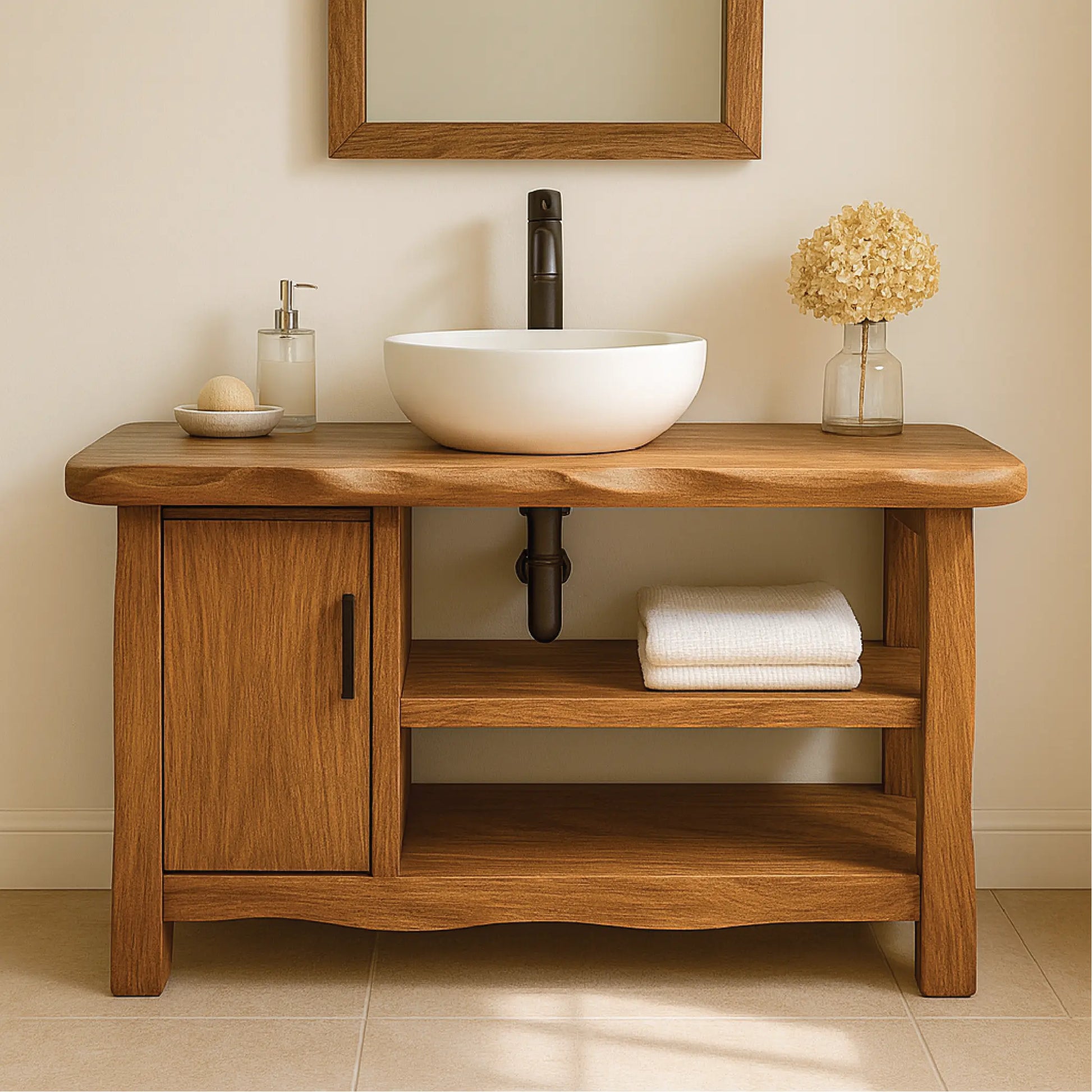 Handcrafted Solid Wood Bathroom Vanity with Cabinet and Open Shelves for Natural Minimal Interiors Lynnsnail