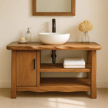 Handcrafted Solid Wood Bathroom Vanity with Cabinet and Open Shelves for Natural Minimal Interiors Lynnsnail