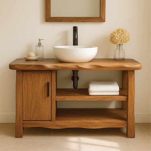 Handcrafted Solid Wood Bathroom Vanity with Cabinet and Open Shelves for Natural Minimal Interiors Lynnsnail
