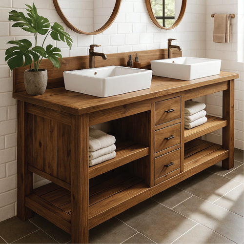 Handcrafted Double Bathroom Vanity in Solid Wood with Drawers and Open Shelves for Modern Spaces Lynnsnail