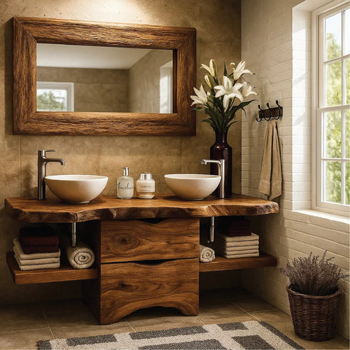 Handcrafted Double Bathroom Vanity in Solid Wood with Live Edge Top and Central Storage Drawers Lynnsnail
