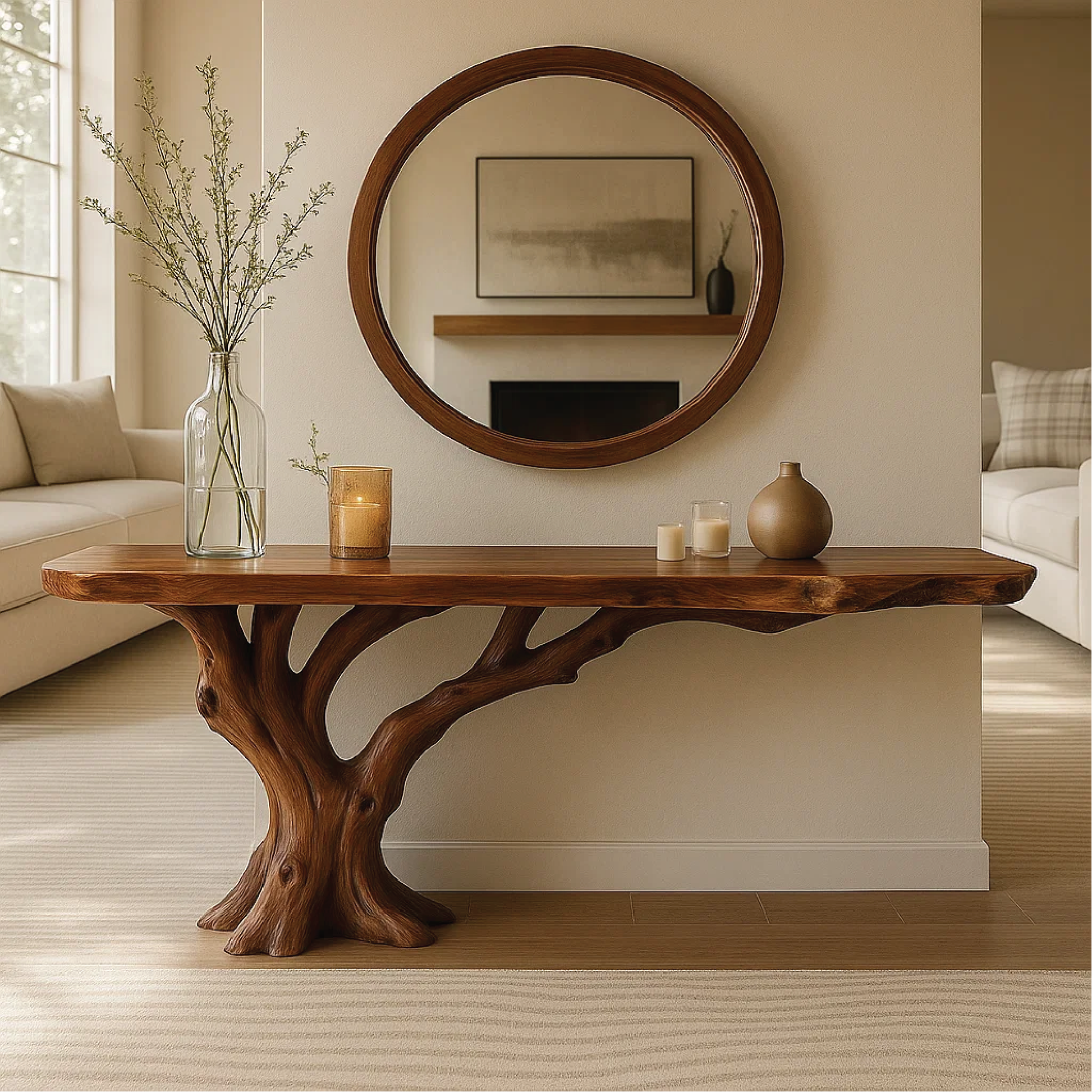 Handcrafted Solid Wood Console Table with Tree Trunk Base and Natural Live Edge Design Lynnsnail