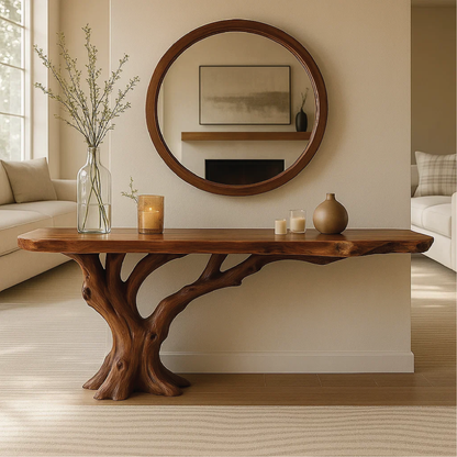 Handcrafted Solid Wood Console Table with Tree Trunk Base and Natural Live Edge Design Lynnsnail