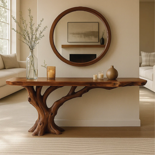 Handcrafted Solid Wood Console Table with Tree Trunk Base and Natural Live Edge Design Lynnsnail