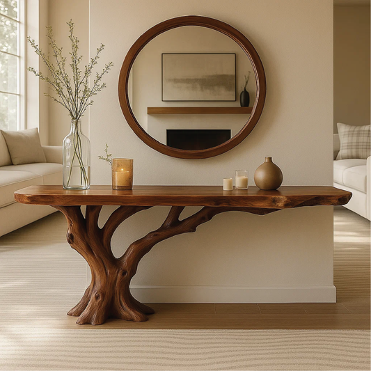 Handcrafted Solid Wood Console Table with Tree Trunk Base and Natural Live Edge Design Lynnsnail