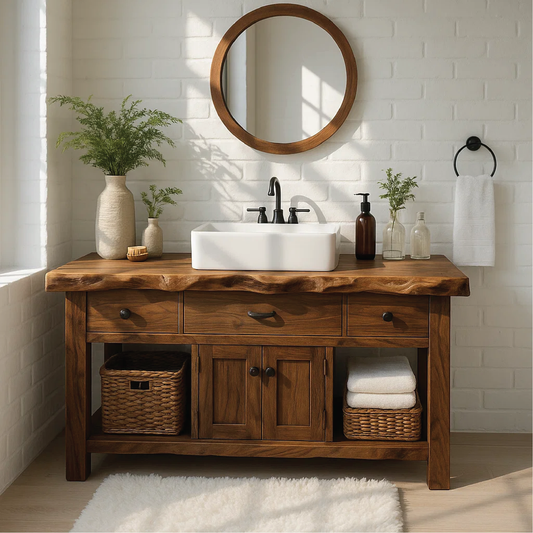 Handcrafted Solid Wood Vanity with Live Edge Top and Rustic Cabinet Storage Design Lynnsnail