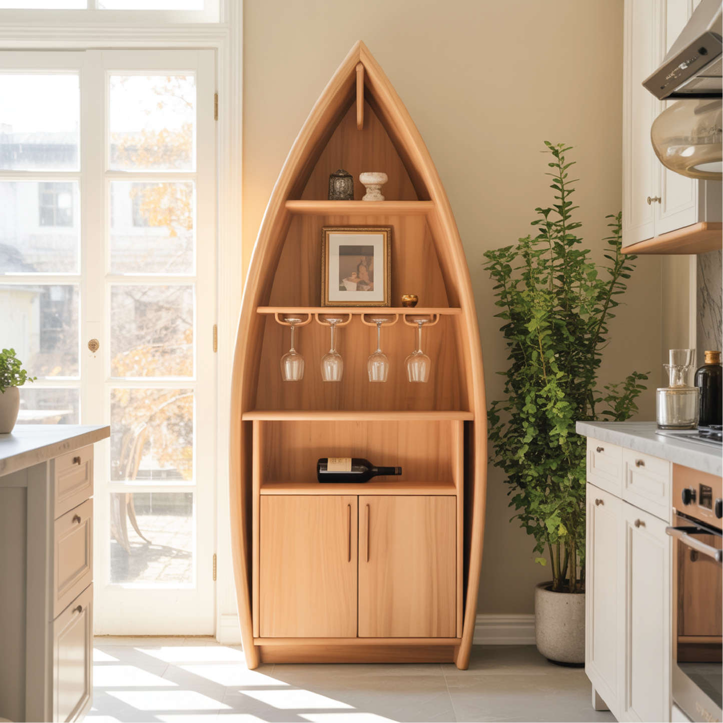 Handcrafted Solid Wood Boat-Shaped Dining Cabinet with Glass Rack and Lower Storage Doors Lynnsnail