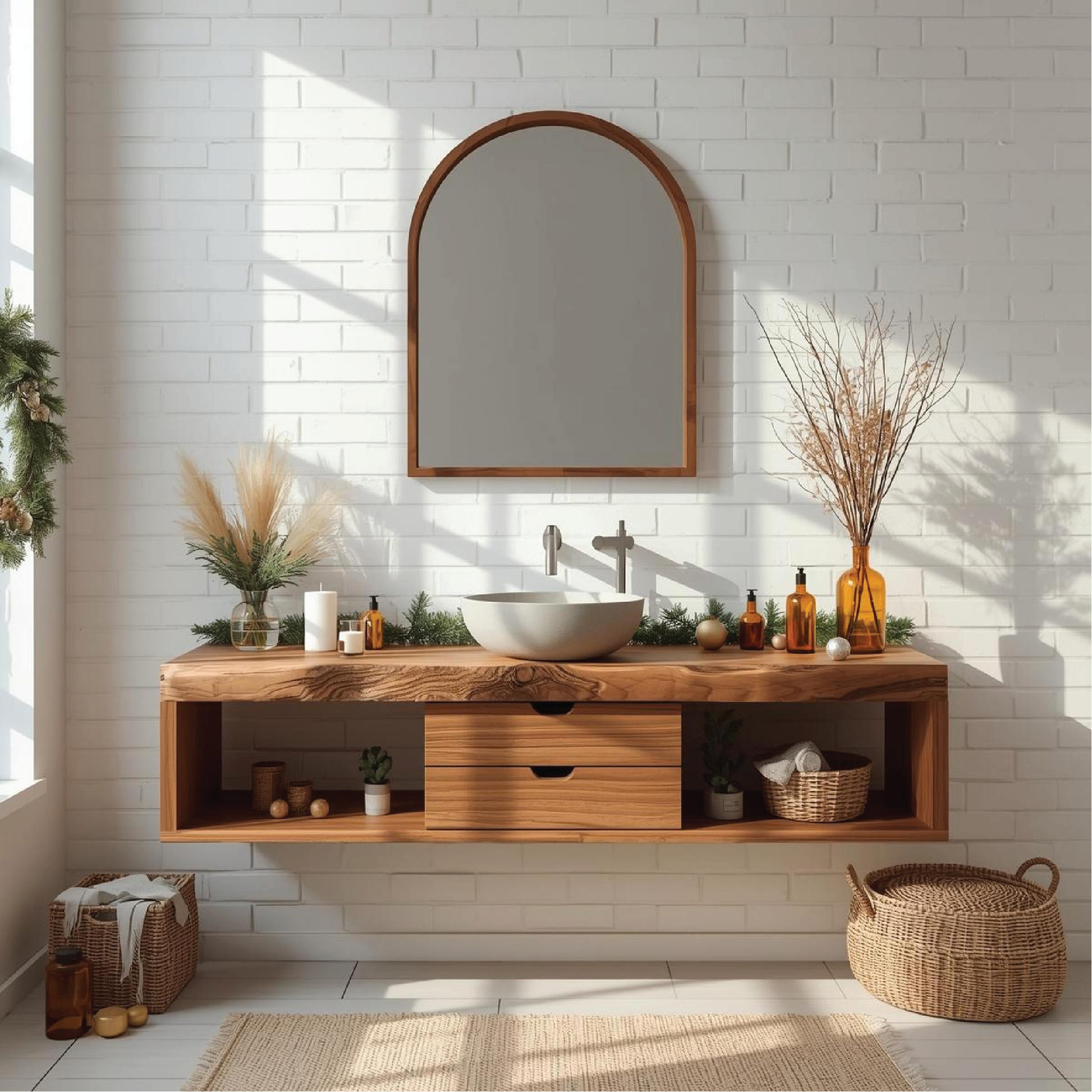 Handcrafted Solid Wood Floating Bathroom Vanity with Center Drawer and Natural Live Edge Design Lynnsnail
