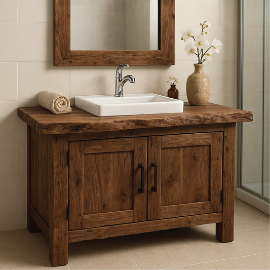 Rustic Handcrafted Solid Wood Bathroom Vanity with Natural Live Edge Top and Double Doors Lynnsnail