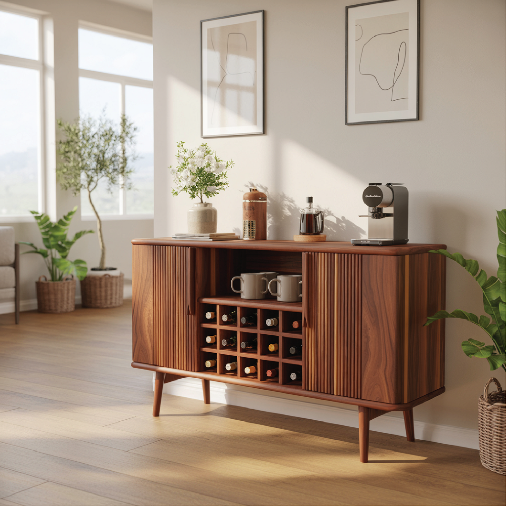Solid Wood Wine Storage Cabinet with Slatted Doors and Multi-Bottle Rack for Modern Homes Lynnsnail