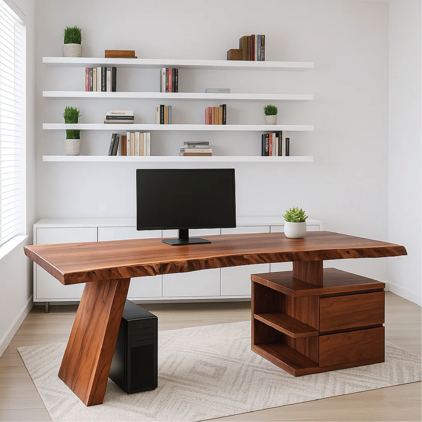 Handcrafted Solid Wood Work Desk – Live Edge Executive Office Table with Modern Asymmetric Base Lynnsnail