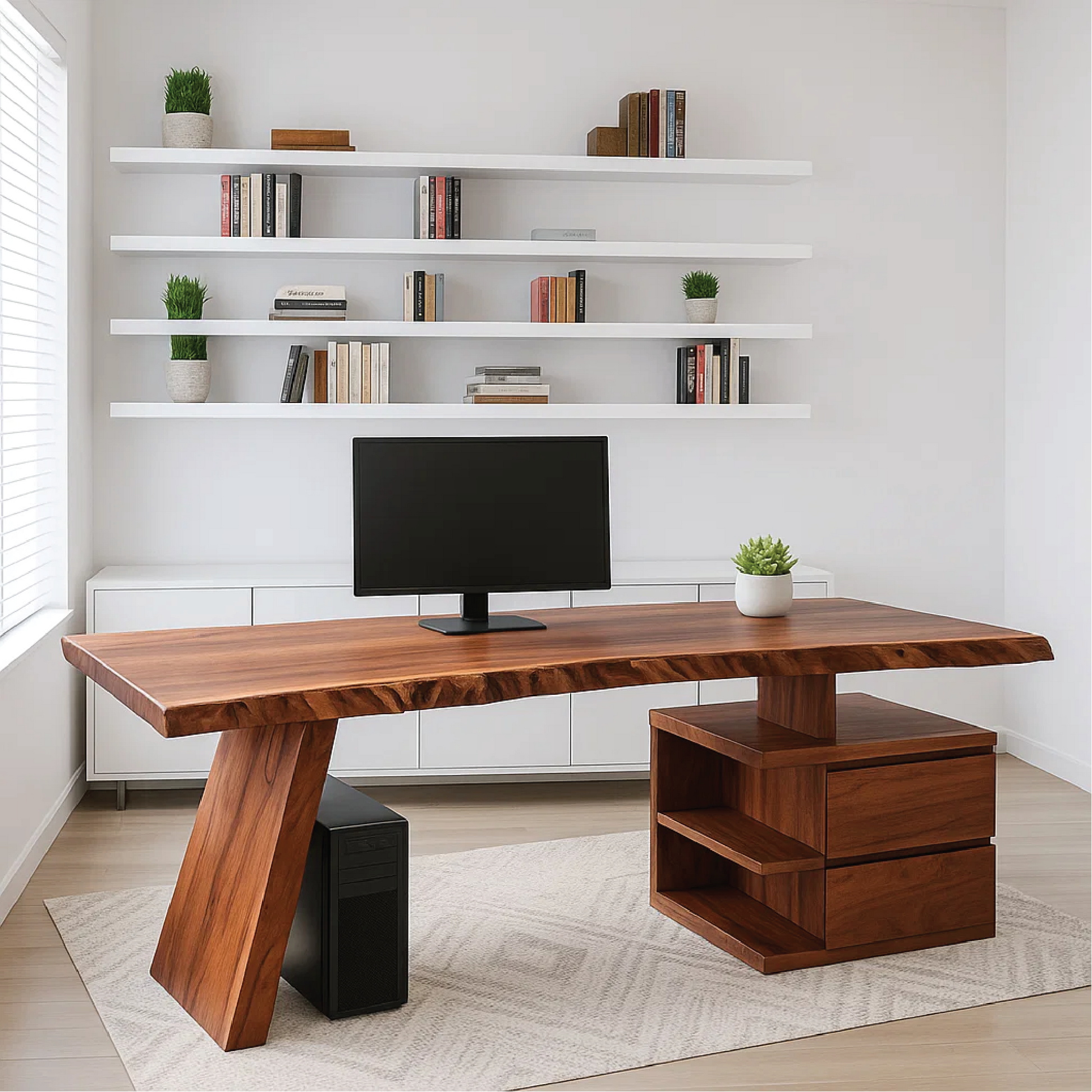 Handcrafted Solid Wood Work Desk – Live Edge Executive Office Table with Modern Asymmetric Base Lynnsnail