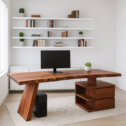 Handcrafted Solid Wood Work Desk – Live Edge Executive Office Table with Modern Asymmetric Base Lynnsnail