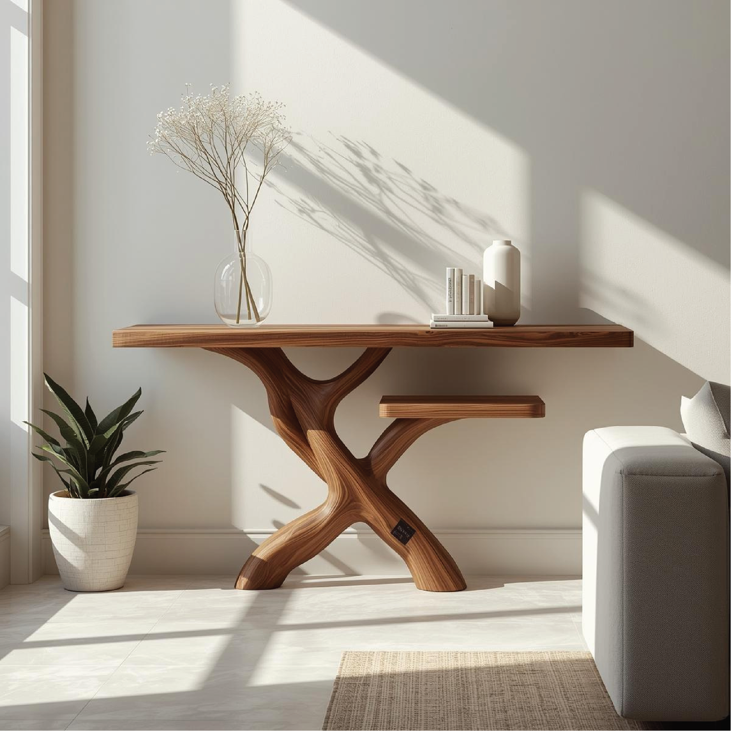 Handcrafted Solid Wood Console Table with Modern Branch-Inspired Base and Minimalist Design Lynnsnail