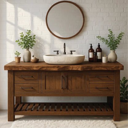 Rustic Solid Wood Bathroom Vanity with Live Edge Top and Modern Farmhouse Storage Design Lynnsnail